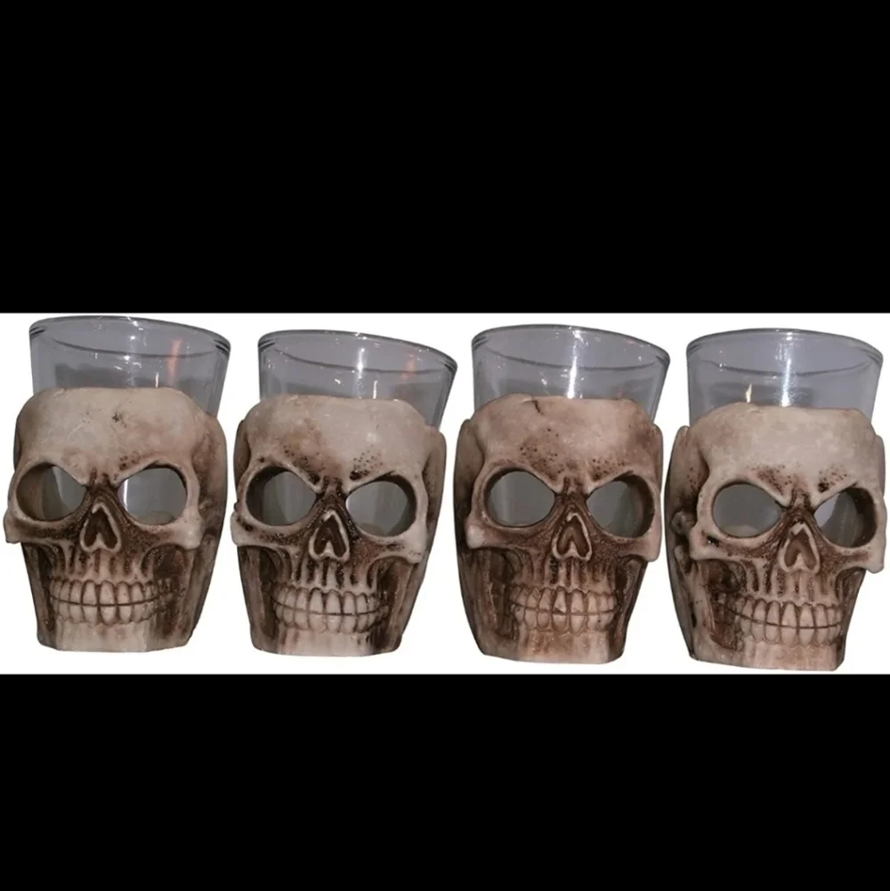 4pc Set Halloween 3D Skull Shot Glass Shooters Day of the Dead Skeleton New
